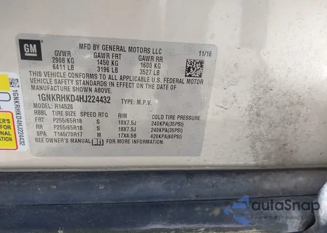 2017 Chevrolet Traverse 2Lt из США, поврежденный, VIN 1GNKRHKD4HJ224432